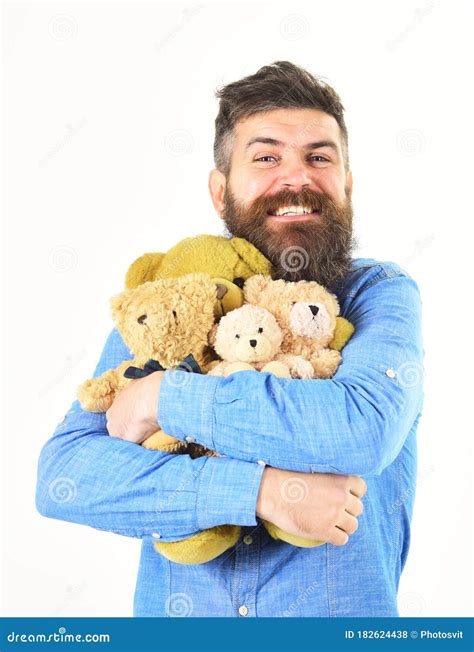 lovely portrait  man cuddling teddy bears stock photo image