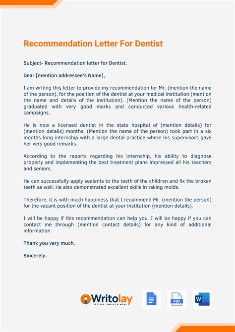 dentist recommendation letter template writolaycom