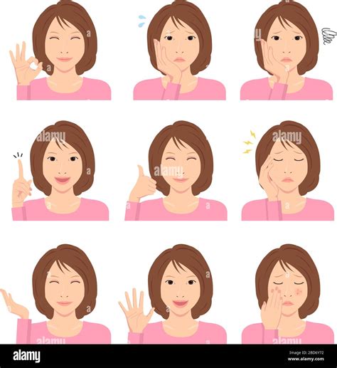 Young Woman Vector Illustration Set Hand Gesture And Emotional Face