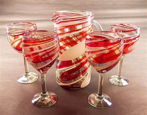 Wine Glasses Hand Blown Glass 14oz Red And White Swirl With