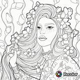 Coloring Pages Hair Girl Long Recolor Beautiful Flowers Woman Printable Curly Book Crazy Girls Adult Women Her Drawing Adults Beauty sketch template