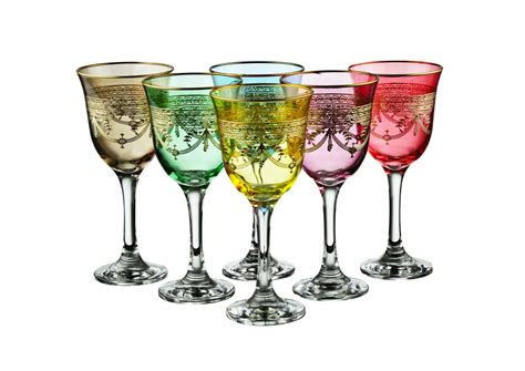 Set Of 6 Colored Water Glasses With Rich Gold Design Dishwashing Safe