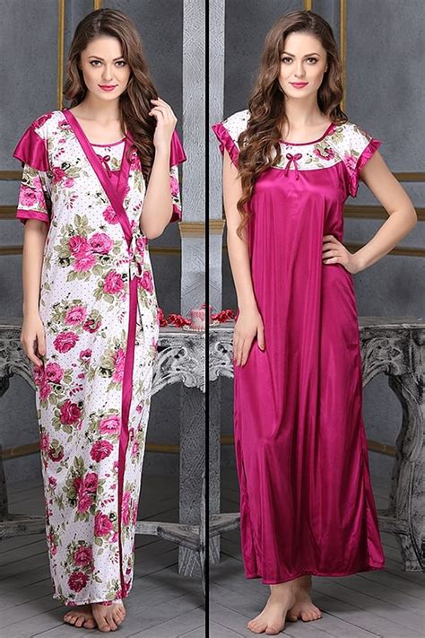 Buy Long Night Dress And Floral Print Robe Set In Dark Pink Satin Online