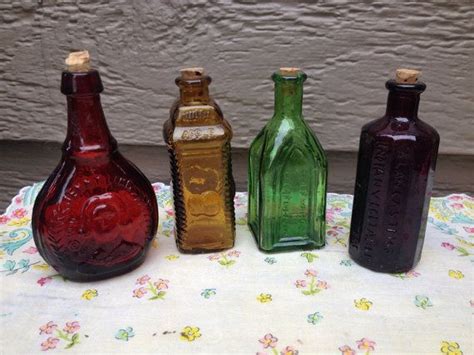 Set Of 4 Miniature Tiny Colored Glass Cork Top Bottles Purple