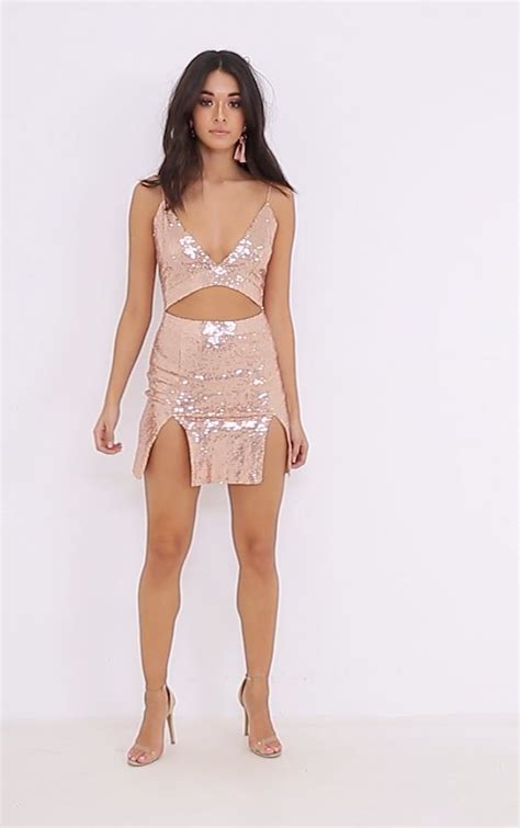 Rose Gold Strappy Plunge Extreme Split Sequin Bodycon Dress Sequin