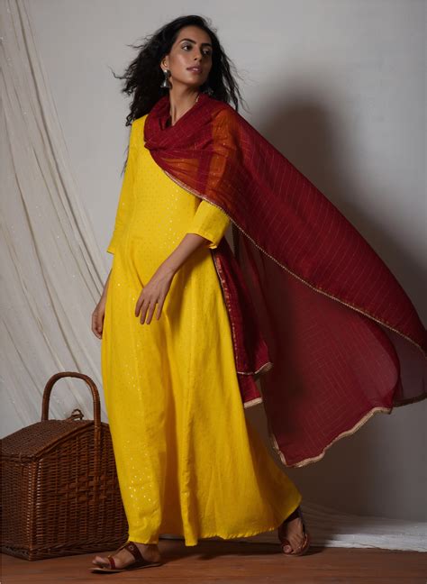 Yellow Kurta Dress With Red Chiffon Dupatta By Truebrowns