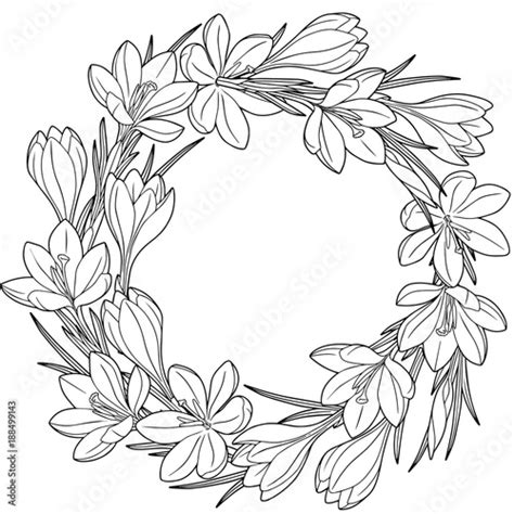 spring flower wreath  crocuses coloring book  adult black