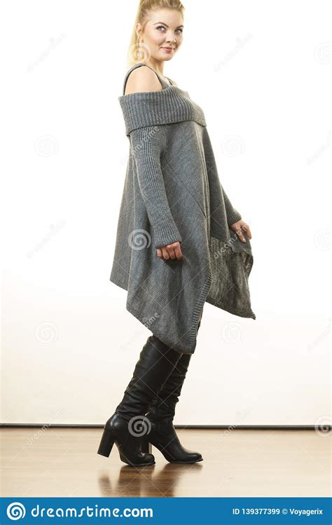 woman wearing gray long top sweater tunic stock image image of