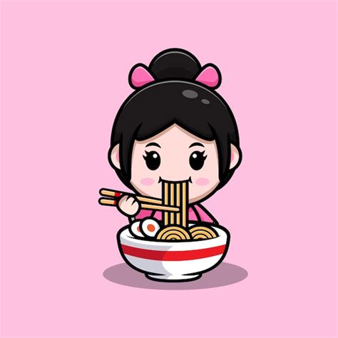 Premium Vector Cute Girl Wearing Kimono Dress And Eating Ramen Noodle