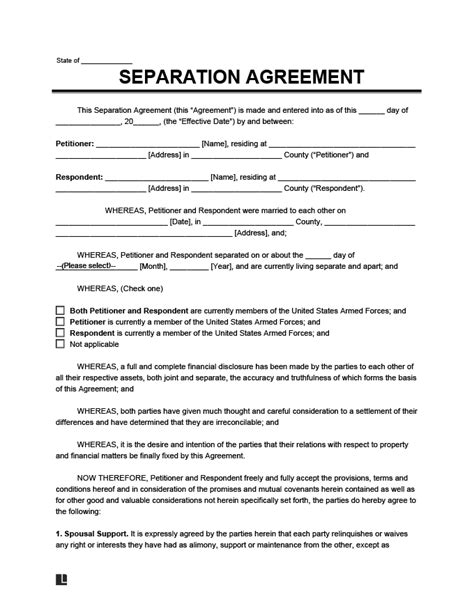 printable separation agreement printable templates