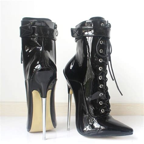 Fetish Extreme 7 Metal High Heel Gothic Lace Up Lockable Ankle Boot