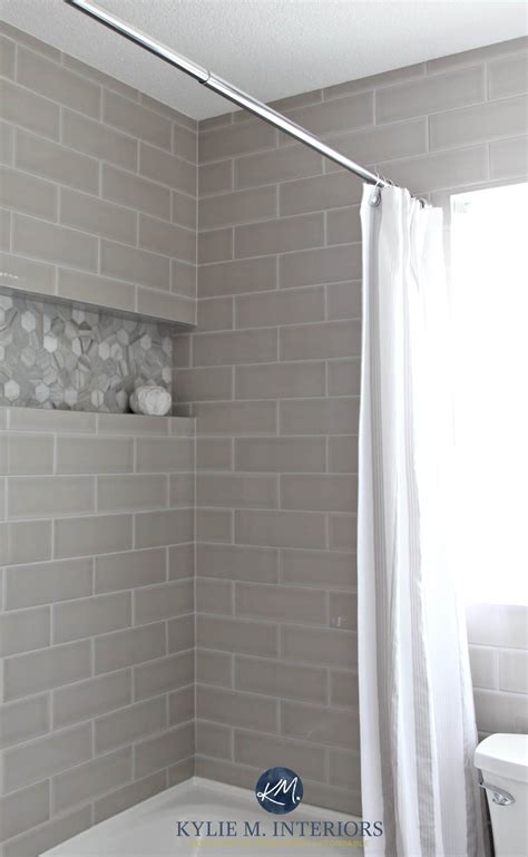Gray Subway Tile Shower Surround With Niche Or Alcove In Hexagon Shape