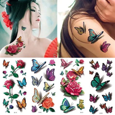 sexy temporary tattoo roses flower butterfly stickers body art fake