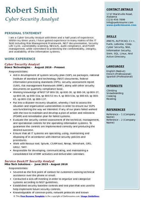 cyber security analyst resume samples qwikresume