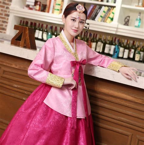 Female Traditional Hanbok Korean Dress Pink Women Cotton Hanbok Korean