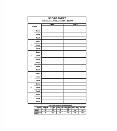 canasta score sheet  scores  templates templates