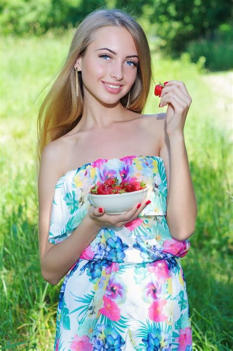 Happy Girl With Strawberries Stock Image Image Of Colorful Healthy