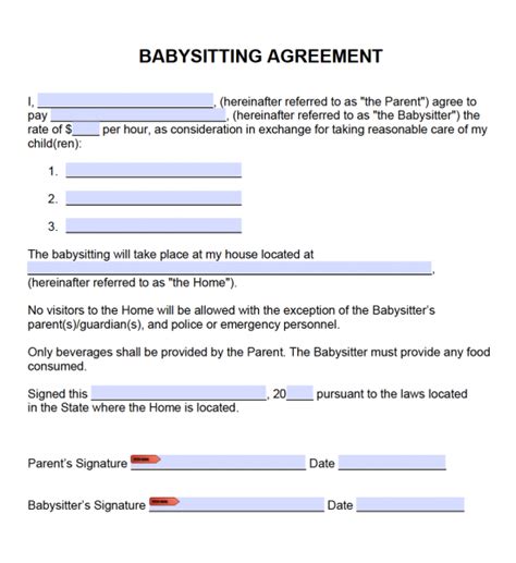 babysitter contract template samples  word eforms