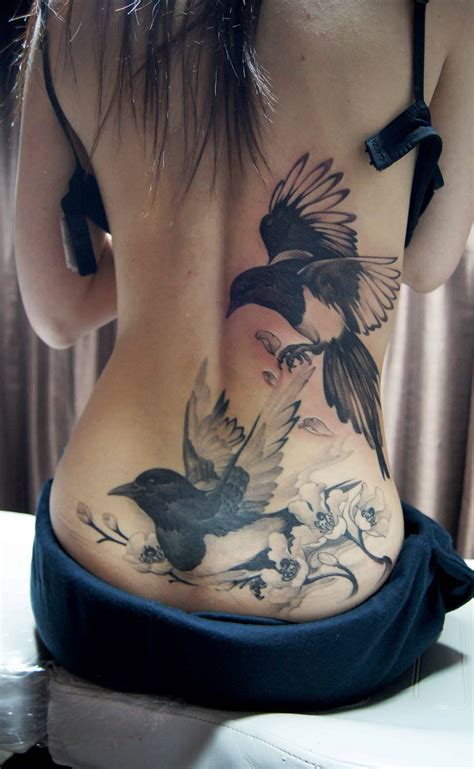 Lower Back Magpie And Cherry Blossoms Tattoo Chronic Ink