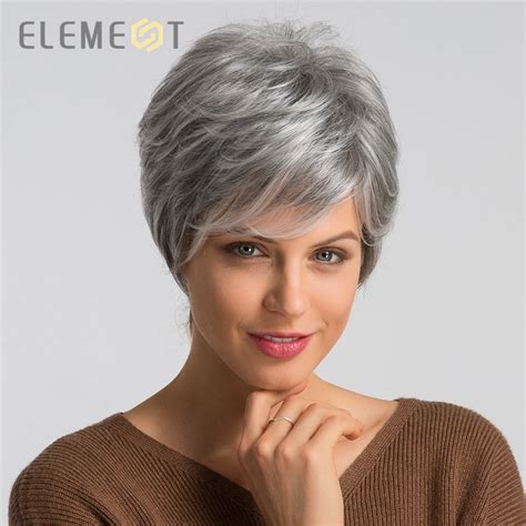 Element 6 Inch Synthetic Gray Short Hair Wig Blend 50 Human Hair Left