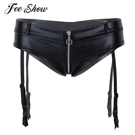 women lingerie faux leather zipper crotch low rise briefs underwear