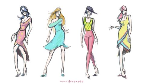 Women Fashion Drawings Set Vector Download