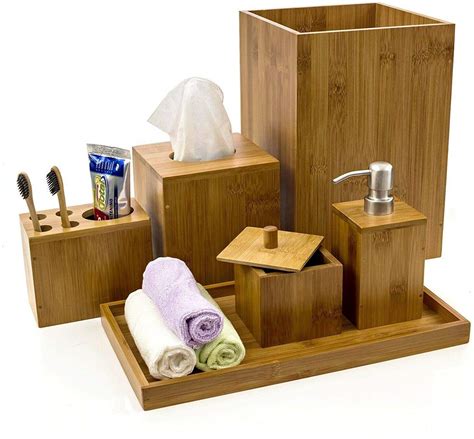 bamboo bath accessories set  pieces toilet wooden set organizer