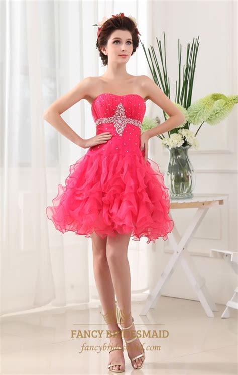 strapless organza dress with ruffled skirt hot pink short prom dress
