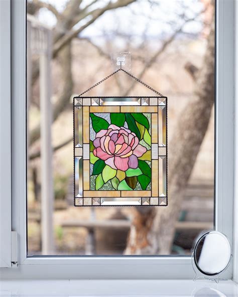flower stained glass window hangings peony stained glass panel etsy