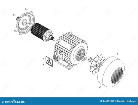 electric motor exploded view  rendering  black  white isolated  white background stock