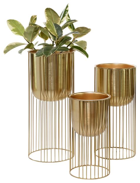 large eclectic gold metal planters  stands set