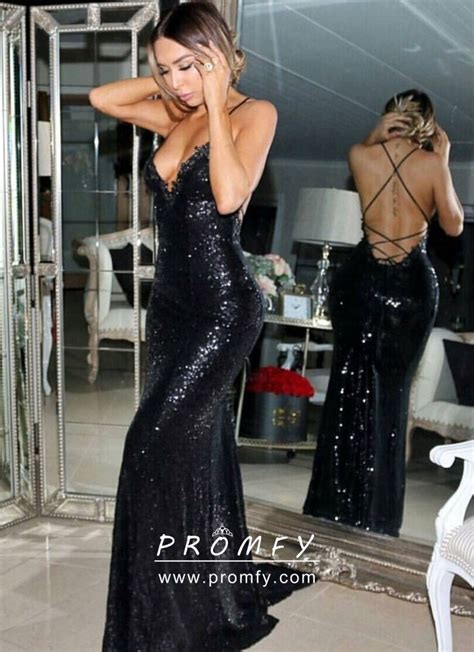Sparkly Sexy Black Sequin Open Back Long Prom Dress Promfy