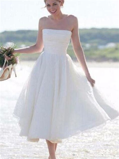 Short Wedding Dresses Strapless Tea Length Romantic Tulle