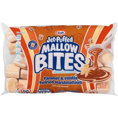 kraft jet puffed mallow bites caramel vanilla swirled flavored marshmallows  oz wrapper