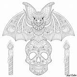 Bat Skull Coloring Halloween Pages Adult Mandala Printable Sitting Adults Print Skeleton Candles Designs Patterns Template sketch template