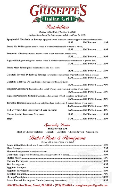 Casa Giuseppe S Italian Grill Menu In Stuart Florida Usa