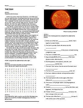sun article questions wordsearch  hidden message astronomy