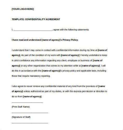 confidentiality agreement templates word excel  templates