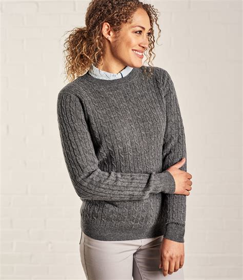 charcoal womens cashmere and merino cable crew neck jumper woolovers uk