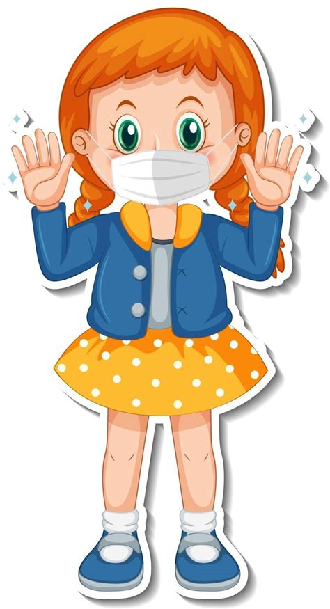 sticker template   girl wearing medical mask cartoon character