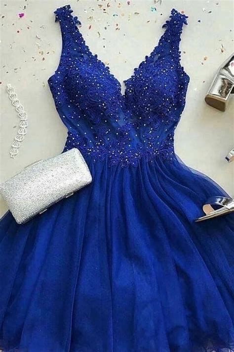cute royal blue lace tulle  neck short prom dress bridesmaid dress evening mini dresses