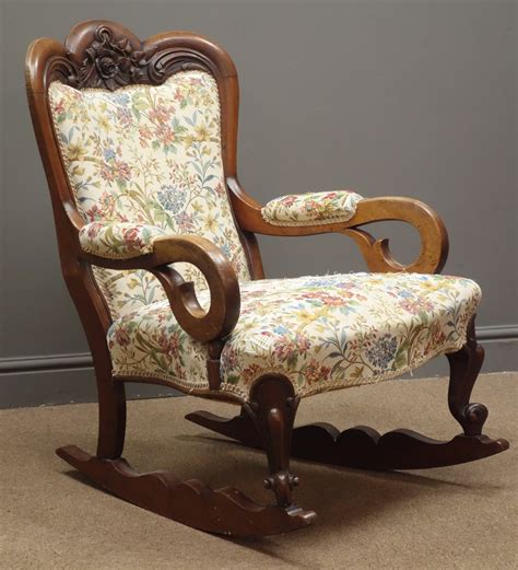 Victorian Mahogany Rocking Chair Upholstered Back Seat And Arms