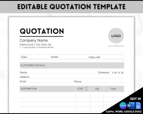 quotation template editable quote form small business invoice order