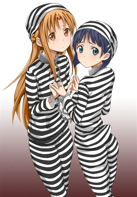 Safebooru 2girls Asuna Sao Black Hair Brown Eyes Brown Hair Cuffs