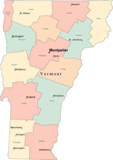 multi color vermont map  counties capitals  major cities