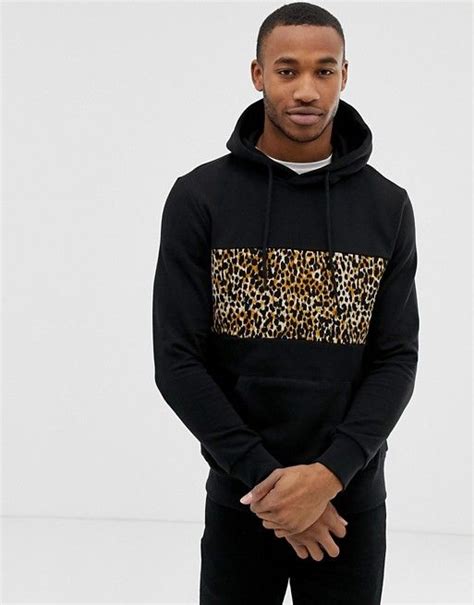 bershka hoodie  black  leopard chest print hoodies mens sweatshirts hoodie sweatshirt