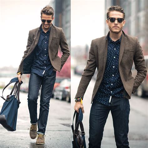 business casual herren jeans gemustertes hemd blazer fashion style