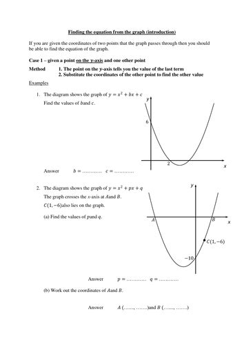 worksheets  practise finding  equation   quadratic graph