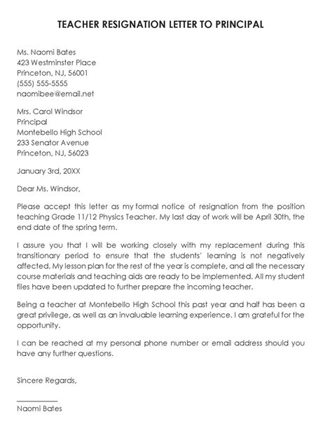 write  teacher resignation letter   samples
