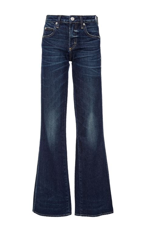 amo kick high waisted flared jeans in blue dark wash lyst